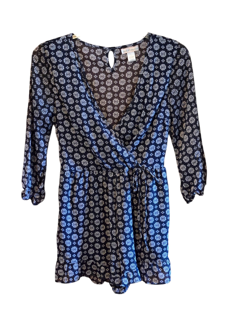 Band of Gypsies Womens M Navy White Geometric Boho Wrap Romper 3/4 Sleeve